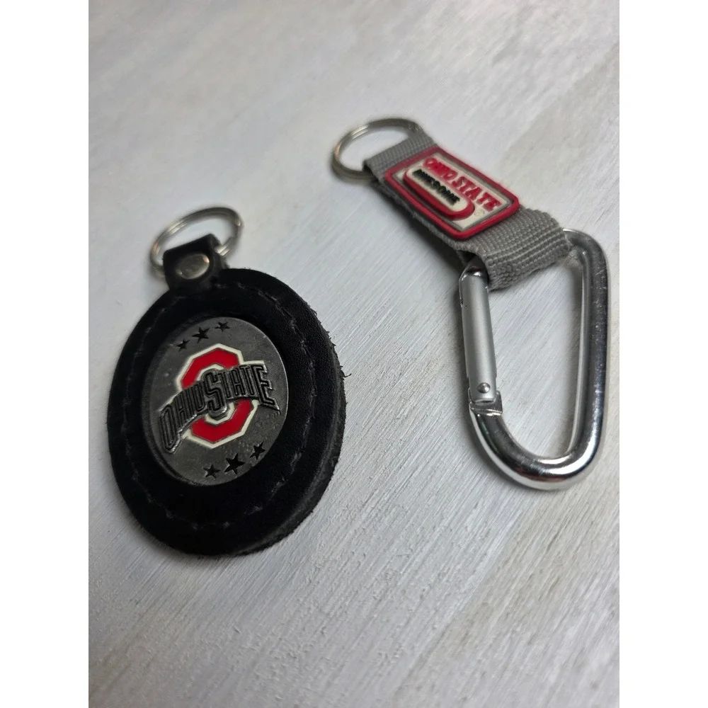 Ohio State Buckeyes Keychain Set Leather Fob and Carabiner Clip Grey Black Red